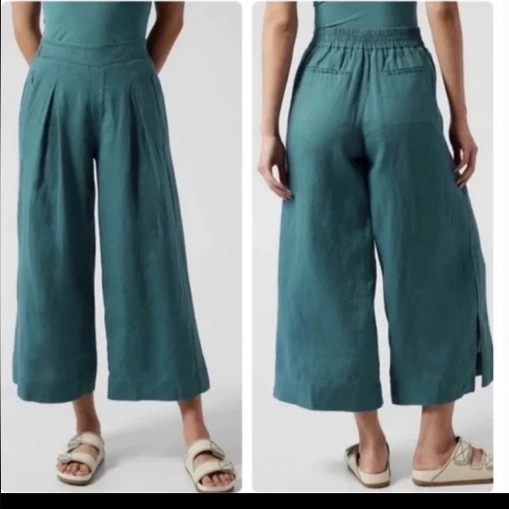 Athleta Playa Linen Wide Leg Crop Pants Women's Size 10• Borealis Green Teal